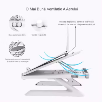 Stand pentru laptop Tronsmart AP9001-B ergonomic si portabil care asigura o ventilare eficienta si un unghi de inclinare reglabil, compatibil cu MacBook Air, Pro sau Microsoft Surface cu dimensiuni pana in 15,6 inch, dimensiuni 28x28x22.5 cm, alb