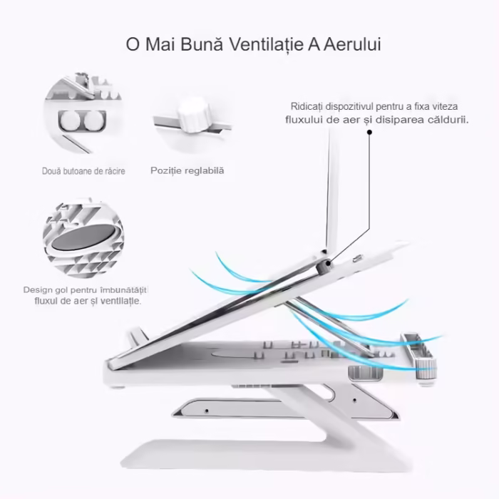 Stand pentru laptop Tronsmart AP9001-B ergonomic si portabil care asigura o ventilare eficienta si un unghi de inclinare reglabil, compatibil cu MacBook Air, Pro sau Microsoft Surface cu dimensiuni pana in 15,6 inch, dimensiuni 28x28x22.5 cm, alb