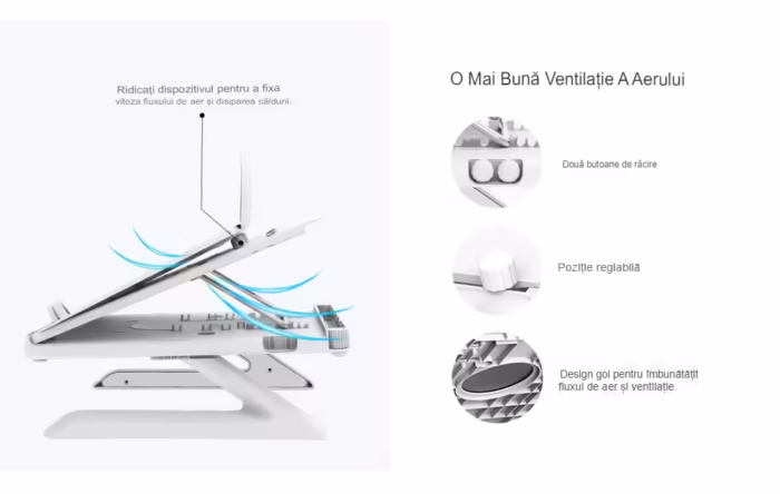Stand pentru laptop Tronsmart AP9001-B ergonomic si portabil care asigura o ventilare eficienta si un unghi de inclinare reglabil, compatibil cu MacBook Air, Pro sau Microsoft Surface cu dimensiuni pana in 15,6 inch, dimensiuni 28x28x22.5 cm, alb