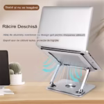 Suport laptop Smarto D087L ergonomic, portabil, reglabil, cu baza rotativa 360°, universal, pliabil, din aluminiu si silicon, non alunecos, dimensiune 26×21 cm , gri deschis