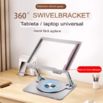 Suport laptop Smarto D087L ergonomic, portabil, reglabil, cu baza rotativa 360°, universal, pliabil, din aluminiu si silicon, non alunecos, dimensiune 26×21 cm , gri deschis