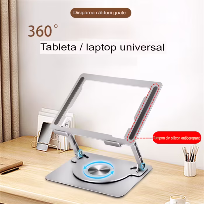 Suport laptop Smarto D087L ergonomic, portabil, reglabil, cu baza rotativa 360°, universal, pliabil, din aluminiu si silicon, non alunecos, dimensiune 26×21 cm , gri deschis