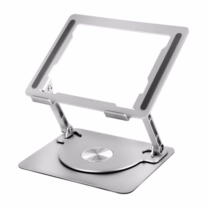 Suport laptop Smarto D087L ergonomic, portabil, reglabil, cu baza rotativa 360°, universal, pliabil, din aluminiu si silicon, non alunecos, dimensiune 26×21 cm , gri deschis