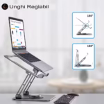 Suport laptop Smarto D087L ergonomic, portabil, reglabil, cu baza rotativa 360°, universal, pliabil, din aluminiu si silicon, non alunecos, dimensiune 26×21 cm , gri inchis