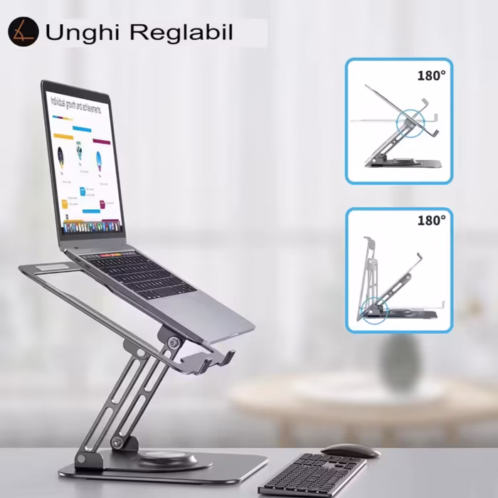 Suport laptop Smarto D087L ergonomic, portabil, reglabil, cu baza rotativa 360°, universal, pliabil, din aluminiu si silicon, non alunecos, dimensiune 26×21 cm , gri inchis