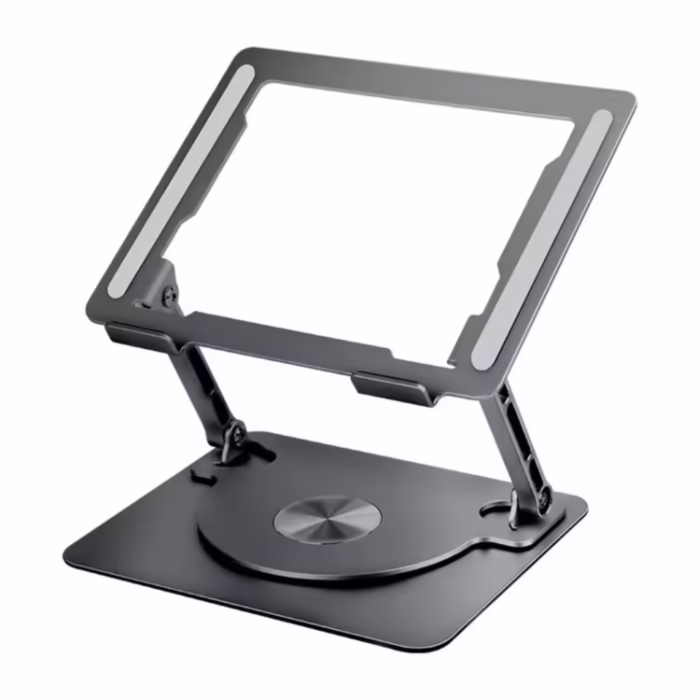 Suport laptop Smarto D087L ergonomic, portabil, reglabil, cu baza rotativa 360°, universal, pliabil, din aluminiu si silicon, non alunecos, dimensiune 26×21 cm , gri inchis