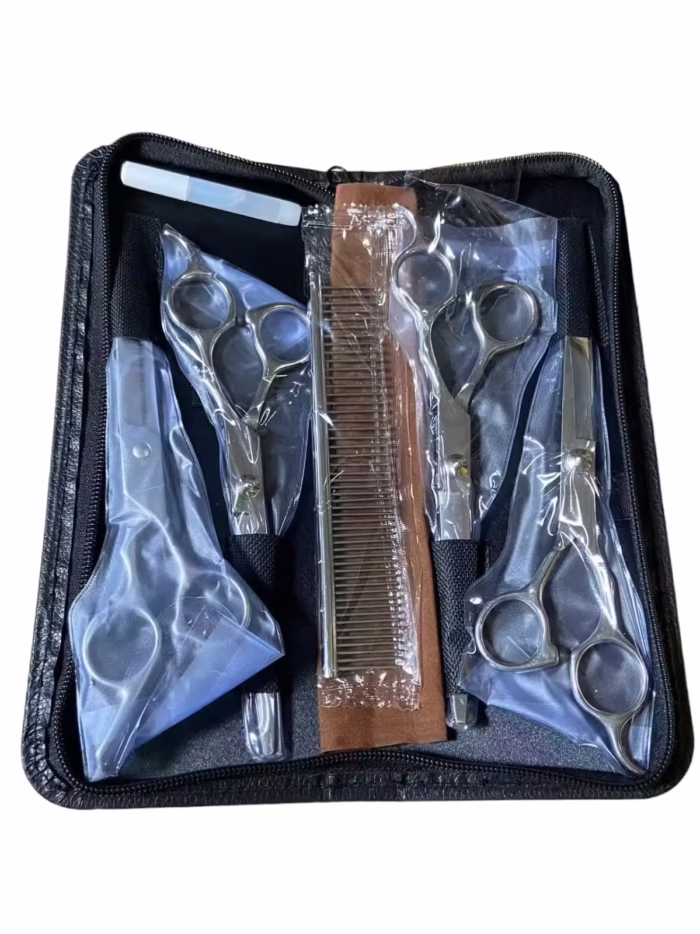 Set profesional 6 in 1 OnePet, cu foarfeci tuns caini sau pisici, foarfeca cu varf rotund siguranta anti-ranire, pieptene inclus, argintiu