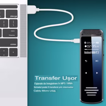 Reportofon cu activare vocala multifunctional, Recman Q55, Cu memorie de 32GB, Usor de transportat, Functia de inregistrare cu temporizator, Pentru prelegeri, discursuri, interviuri, intalniri, discutii in grup, Aliaj de zinc, 8.5×2.7×1.1cm, Negru