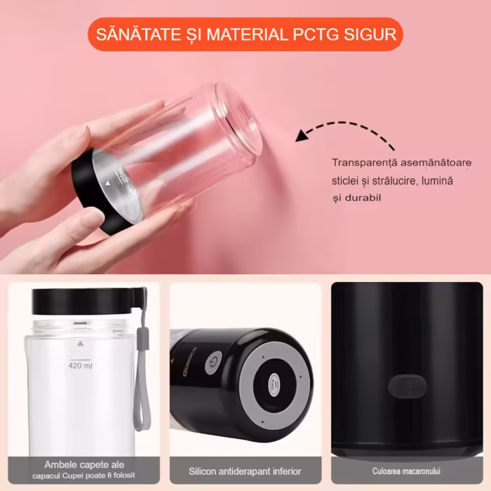 Mini Blender Electric, Kerisson Easy Mix, 80W, 20.000 RPM, portabil, multifunctional, Auto-curatare, Autonomie Mare, Capacitate 420ml, 6 Lame 3D, acumulator 4000 mAH, negru