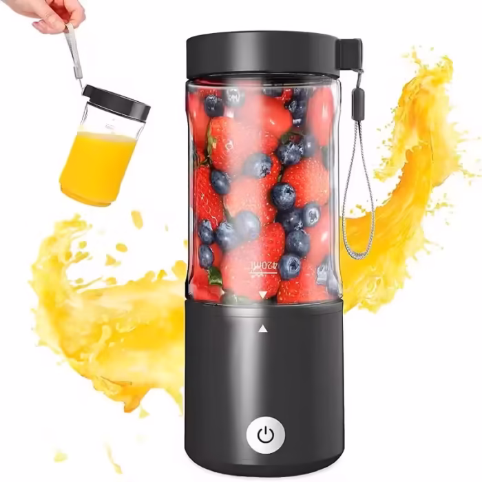 Mini Blender Electric, Kerisson Easy Mix, 80W, 20.000 RPM, portabil, multifunctional, Auto-curatare, Autonomie Mare, Capacitate 420ml, 6 Lame 3D, acumulator 4000 mAH, negru