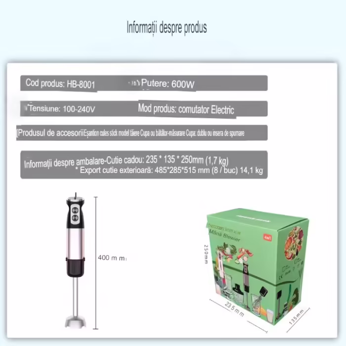 Set Blender vertical profesional 6 in 1 Glory HB-8001 cu putere 600W, Lama din Otel inoxidabil, Silentios, 12 trepte de viteza, Functie Turbo, Cana 600ml, Tocator 500ml, Accesoriu pentru Spumat laptele, Multifunctional, Negru