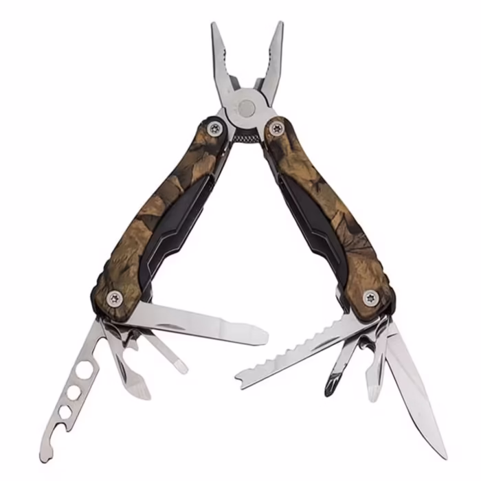 Cleste multifunctional DEPOX®, Survival Gear, otel inoxidabil, 10 functii, 22 cm, camuflaj, husa inclusa
