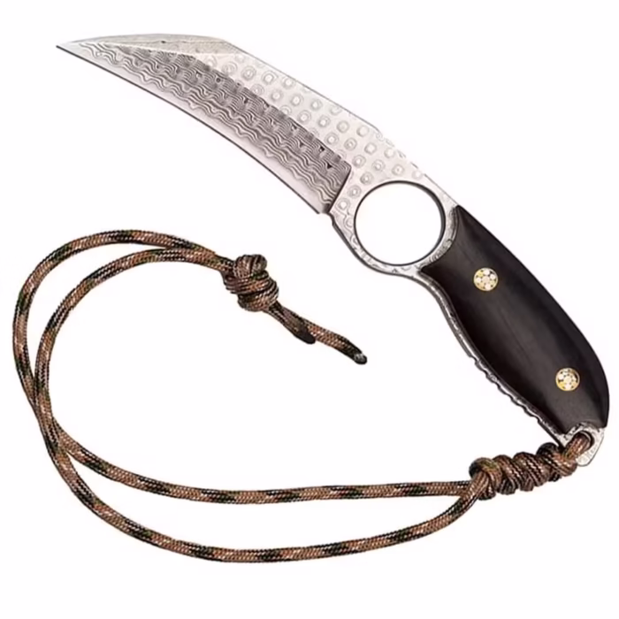 Cutit de vanatoare DEPOX®, Apache Saviour, negru 18 cm, otel damasc, teaca piele