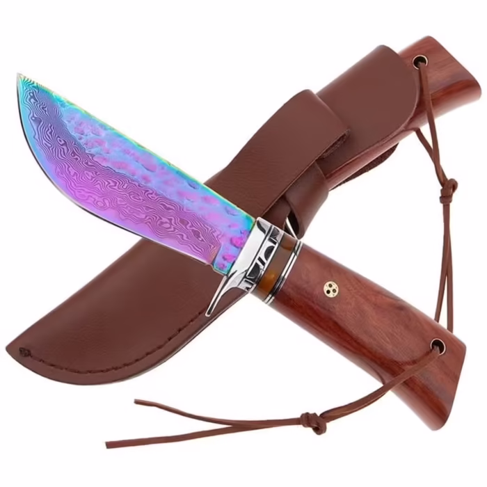 Cutit de vanatoare DEPOX®, Rose Accuracy, damasc, 22 cm, lemn trandafir, multicolor, husa piele