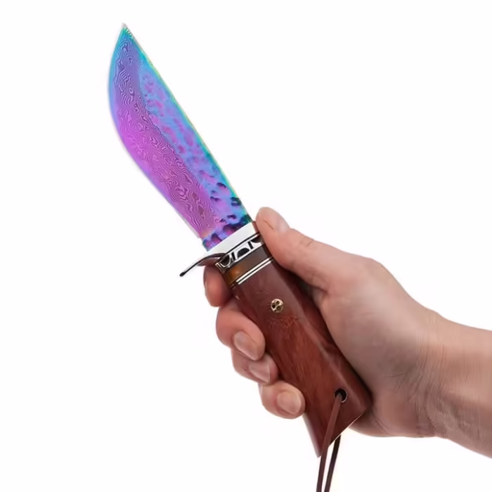 Cutit de vanatoare DEPOX®, Rose Accuracy, damasc, 22 cm, lemn trandafir, multicolor, husa piele