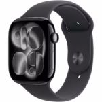 Apple Watch 11 GPS, Carcasa Jet Black Aluminium 42mm, Black Sport Band – S/M
