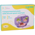 Farfurie compartimentata cu capac si lingurita si furculita pentru copiin U-Grow, mov