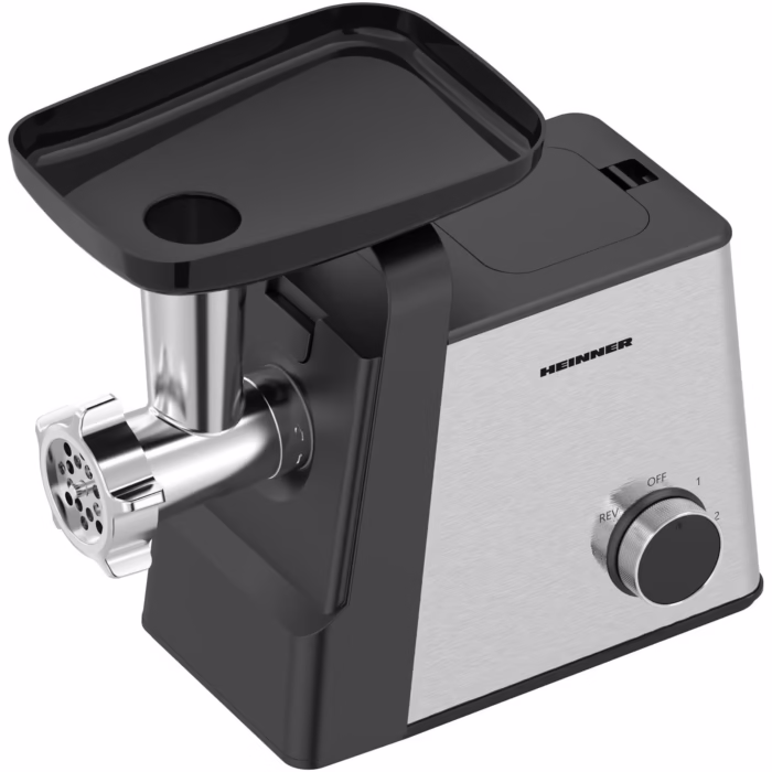 Masina de tocat Heinner Meatmaster HMG-2100SS3, 2100W, accesoriu rosii, Kibbe si carnati, capacitate tocare 1.8kg/min, 2 viteze, 3 site metalice, cutit inox, functie reverse, negru/inox