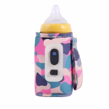 Incalzitor de sticle cu biberon portabil Arvada Baby Comfort, cu incarcare USB, maner silicon, Temperatura constanta pana la 24 h, 14x8cm afisaj digital, roz camuflaj
