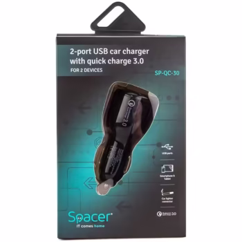 Alimentator auto Spacer 2 x USB (1 x USB QC3.0 & 1 USB max. 3.1A) pentru bricheta auto, Negru