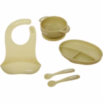 Set diversificare 5 piese din silicon pentru bebelusi U-Grow, contine baveta, bol, farfurie, lingurita si furculita, olive