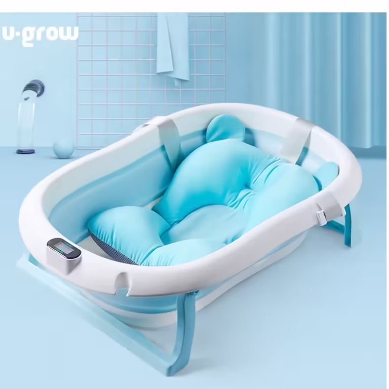 Cadita cu pernuta pentru bebelusi, termometru digital incorporat, pliabila, dop de scurgere, picioare anti-alunecare , blue, U-Grow