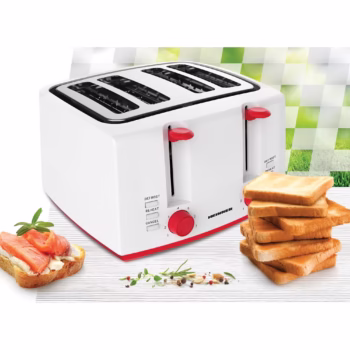 Prajitor de paine Heinner Panfette 1300 HTP-1300WHR, 1100W, capacitate 4 felii, 7 niveluri de rumenire, Alb/Rosu
