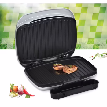 Gratar electric Heinner AriaGrill HEG-F1000SL, 1000W; placi fixe turnate 27 X 23 cm, invelis antiaderent, maner rece, Indicator luminos, tava pentru colectare ulei, Argintiu
