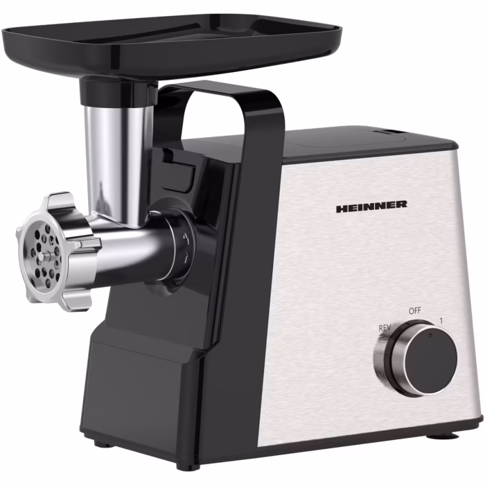 Masina de tocat Heinner Meatmaster HMG-2100SS3, 2100W, accesoriu rosii, Kibbe si carnati, capacitate tocare 1.8kg/min, 2 viteze, 3 site metalice, cutit inox, functie reverse, negru/inox