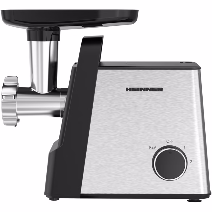Masina de tocat Heinner Meatmaster HMG-2100SS3, 2100W, accesoriu rosii, Kibbe si carnati, capacitate tocare 1.8kg/min, 2 viteze, 3 site metalice, cutit inox, functie reverse, negru/inox