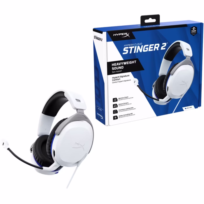 Casti gaming cu fir HyperX Cloud Stinger 2 PS5/PS4, jack 3,5mm pentru conectare direct la controller, drivere 50mm, slidere gradate, microfon cu noise cancelling, spuma cu memorie, alb