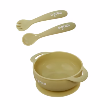 Set bol cu lingurita si furculita silicon pentru bebelusi U-Grow, olive