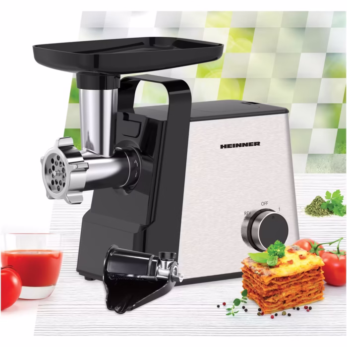 Masina de tocat Heinner Meatmaster HMG-2100SS3, 2100W, accesoriu rosii, Kibbe si carnati, capacitate tocare 1.8kg/min, 2 viteze, 3 site metalice, cutit inox, functie reverse, negru/inox
