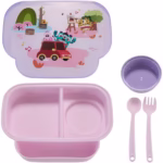 Farfurie compartimentata cu capac si lingurita si furculita pentru copiin U-Grow, mov