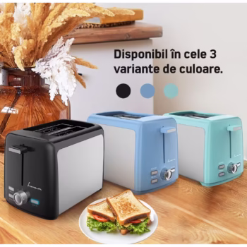 Prajitor de paine FRAM FTP-800SSBL, 800W, capacitate 2 felii, functi, 7 niveluri de rumenire, tavita detasabila pentru firimituri, Albastru