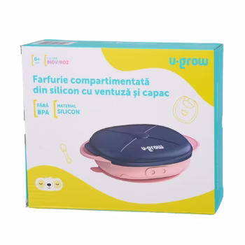 Farfurie compartimentata din silicon cu ventuza si capac, mov/roz, U-Grow
