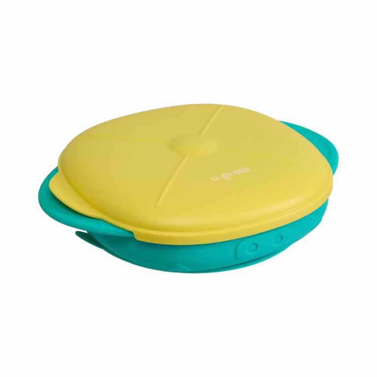Farfurie compartimentata din silicon cu ventuza si capac , galben/verde, U-Grow