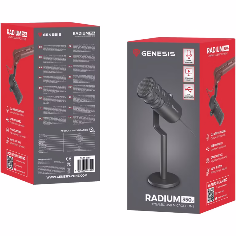 Microfon Genesis Radium 350D, tip Dynamic, model cardioid, suport fix, conectivitate USB-C, raspuns in frecventa 60 – 14.000 Hz, sensibilitate48 dB, lungime cablu 250 cm, negru