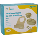 Set diversificare 5 piese din silicon pentru bebelusi U-Grow, contine baveta, bol, farfurie, lingurita si furculita, olive