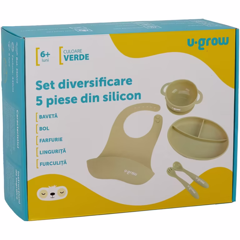 Set diversificare 5 piese din silicon pentru bebelusi U-Grow, contine baveta, bol, farfurie, lingurita si furculita, olive