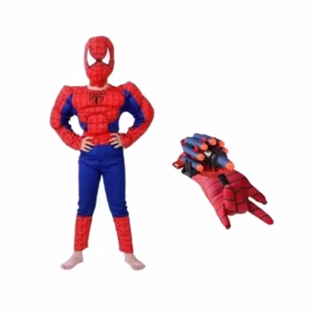 Set costum cu muschi si manusa lansator cu 7 ventuze din burete, Spiderman, 3-5 ani, rosu