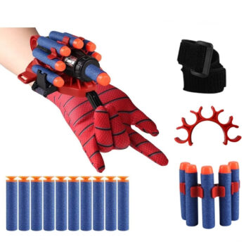 Set costum cu muschi si manusa lansator cu 7 ventuze din burete, Spiderman, 3-5 ani, rosu