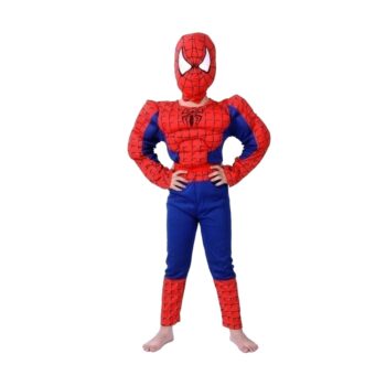 Set costum cu muschi si manusa lansator cu 7 ventuze din burete, Spiderman, 3-5 ani, rosu