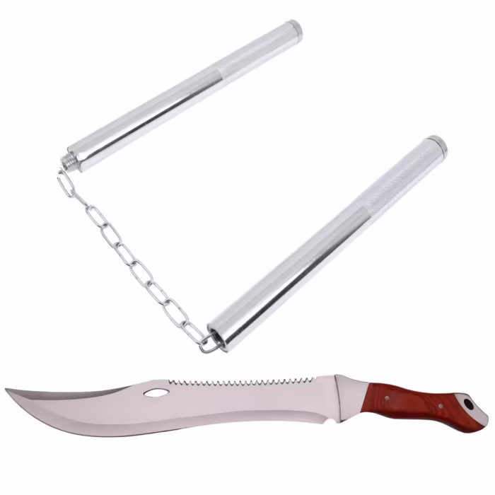 Set maceta de vanatoare DEPOX®, Knife of Mind, otel inoxidabil, argintie, 46 cm si nunceag metalic