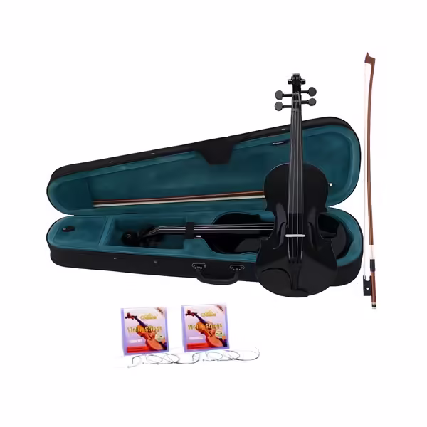 Set vioară clasică din lemn pentru copii 1/8, doua seturi corzi si arcus 1/8, DEPOX®, 43 cm, finisaj lucios negru Set vioară clasică din lemn pentru copii 1/8, doua seturi corzi si arcus 1/8, DEPOX®, 43 cm, finisaj lucios negru