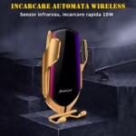Suport auto cu incarcare rapida wireless DEPOX®, Vrum-Vrum Friend, plastic, universal, senzor infrarosu, 13 cm, auriu